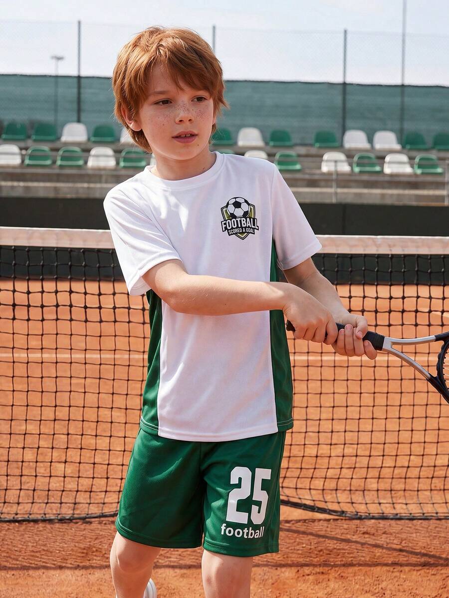 Tween Boy Casual Sporty Printed Patchwork Short Sleeve Round Neck Pullover T-Shirt & Solid Color Shorts Knitted Two-Piece Set