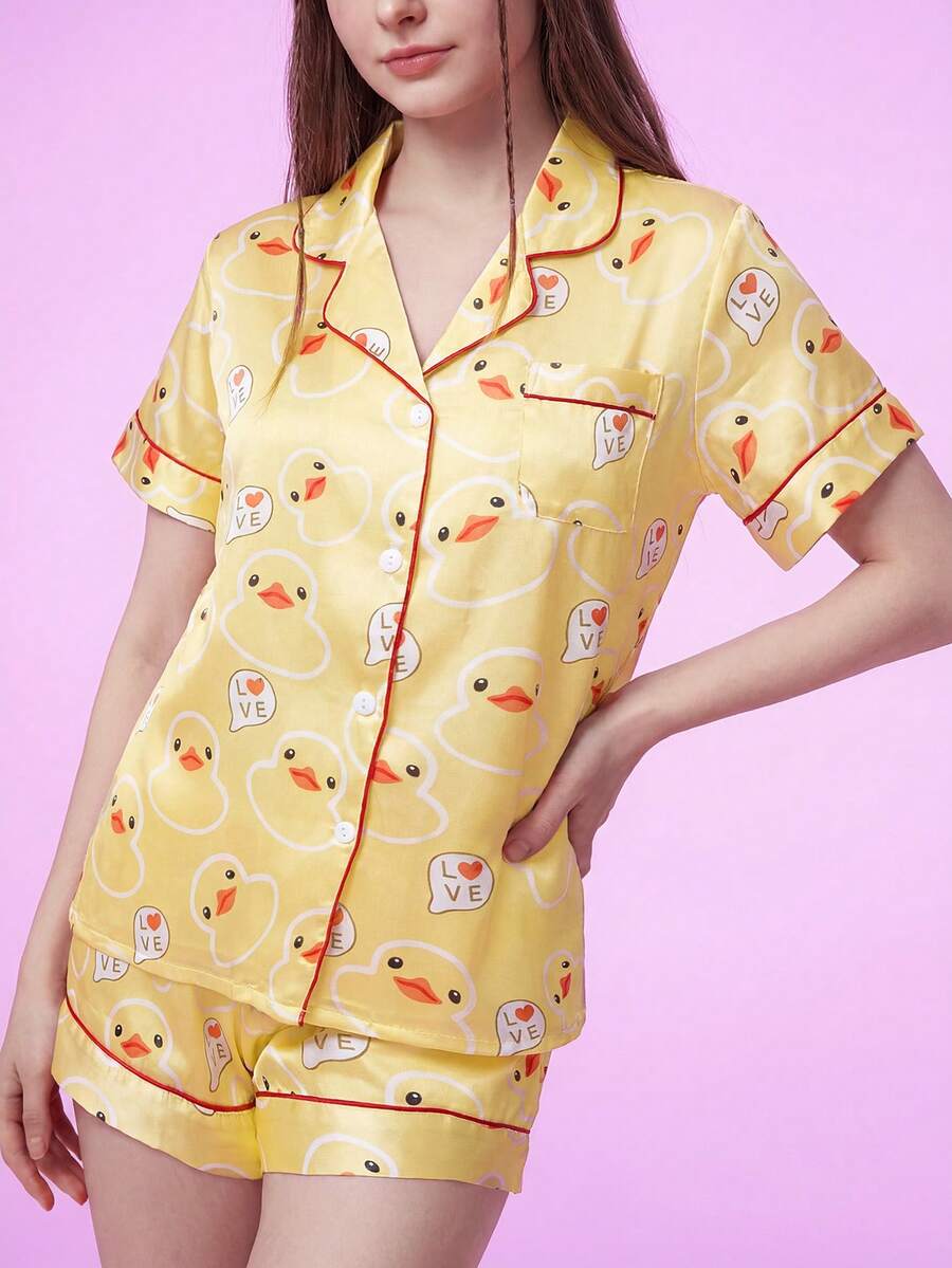 Notgurli Set pijama pentru femei, galben, cu imprimeu drăguț de rață mică în stil desen animat, cu rever și mânecă scurtă, pantaloni scurți, 2 piese, loungewear casual pentru acasă - Multicolor - Vizualizare 1
