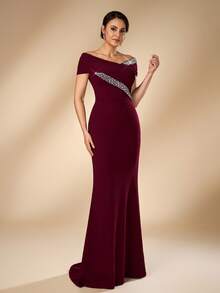 Serin Elegant Formal Burgundy Elastic Knit Off-Shoulder Asymmetrical Pleated Mermaid Bridal Mother Dress Spring Wedding Dinner Evening - Burgundy - View 8