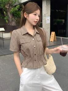 DAZY 女款韓式修身優雅夏季牛仔上衣 - 卡其色 - 查看 4