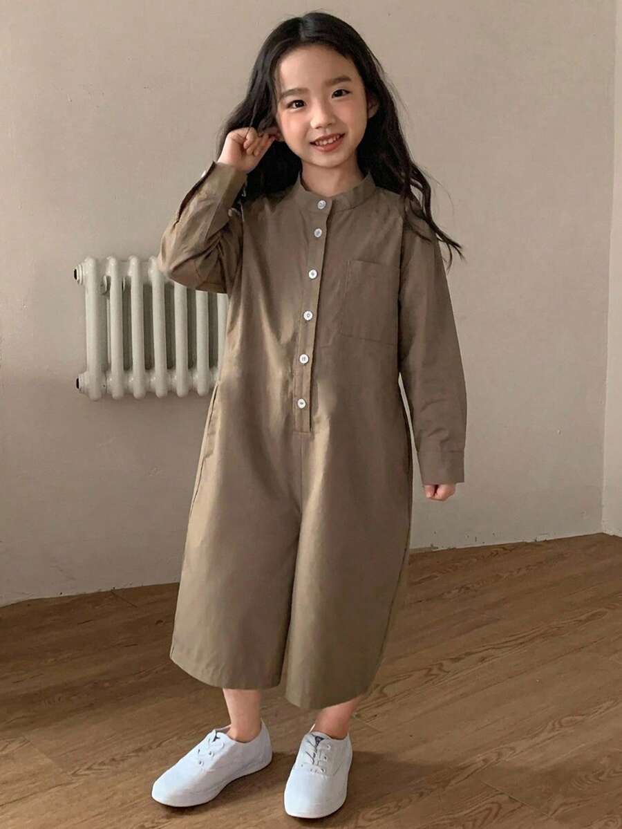 Dazy Kids 女童純色休閒短袖舒適連身褲 夏季 - 卡其色 - 查看 1