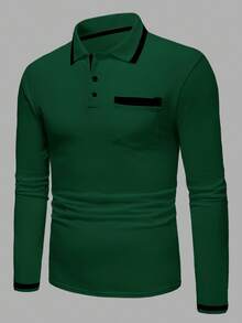 Manfinity Homme 男士休閒通勤拼接飾邊 Polo 衫 - 墨綠色 - 查看 3