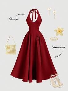 Skyraze Women's Solid Color Halter Neck Fashion Elegant Dress - Burgundy - View 4