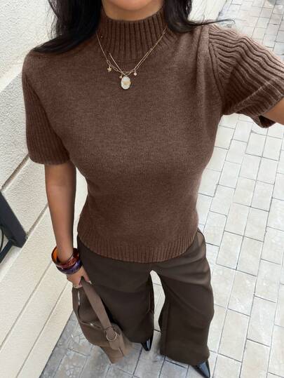 Siren Gaze Women's Solid Color High Neck Short Sleeve Wool Knit Top, Summer Office Shades Of Brown Casual