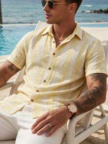 VENTUSAIL Men's Yellow Woven Striped Summer Thin Fitted Casual Vacation Short Sleeve Shirt, Holiday - Yellow - View 4