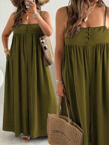 Ceyna Plus Size Women's Solid Color Ruched Casual Daily Wear Spaghetti Strap Jumpsuit Wide Leg Pants - Green - View 1