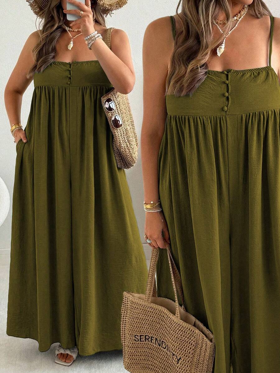 Ceyna Plus Size Women's Solid Color Ruched Casual Daily Wear Spaghetti Strap Jumpsuit Wide Leg Pants - Green - View 1