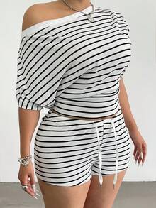 POPSWAY Camiseta de punto a rayas con hombros descubiertos talla grande - Blanco y Negro - Ver 4