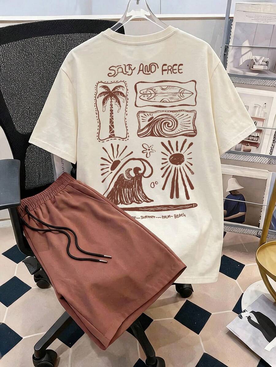 Daypath Men's Crew Neck Letter & Palm Tree Print Short Sleeve T-Shirt And Shorts Casual Daily Outfit, Holiday - Brown - View 1