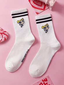 THE POWERPUFF GIRLS X SHEIN 3入組女款中筒條紋襪 - 白色 - 查看 8