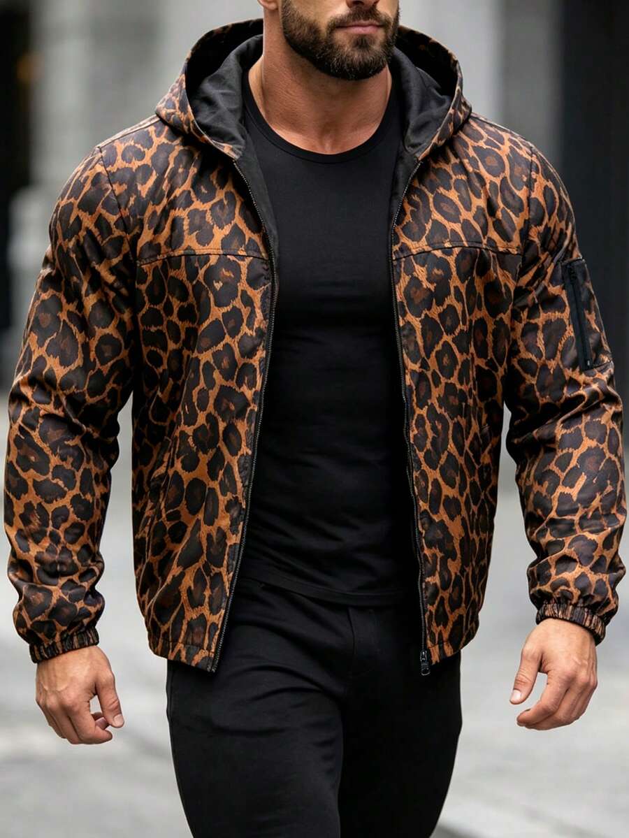 Manfinity Homme 男士街頭風全豹紋連帽夾克,適合日常穿著、派對、戶外活動、通勤、街頭風格、度假 - 彩色 - 查看 1