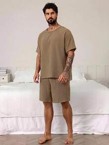 DAZY Conjunto de ropa de estar en casa de color sólido para verano - Óxido marrón - Ver 3