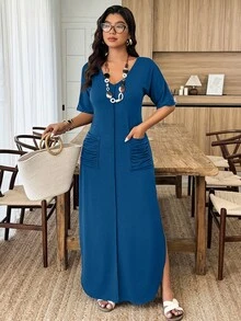 Weeklong Vestido de punto casual con cuello en V, rayas, bolsillos dobles, fruncido y abertura en el bajo para mujer talla grande, primavera/verano - Agua verde azul - Ver 6