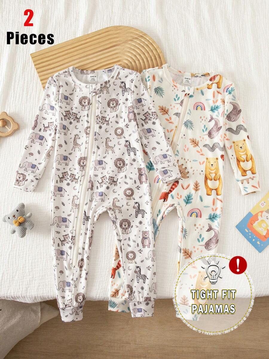 SHEIN Vintaside Kids 男嬰秋冬針織圓領彩色塗鴉恐龍卡通可愛熊滿版印花2件套休閒修身居家服 Suny Fit - 彩色 - 查看 1