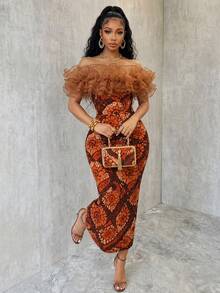SHEIN Women's Elegant Brown Off-Shoulder Ruffle Print Maxi Dress, Slim Bodycon Back Slit Ankle-Length Gown, Exotic Occasion Wear For Party Banquet Date. - Brown - View 3