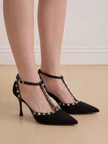 Eladyva Women's Black Studded T-Strap Stilettos - Ankle Buckle Pointed Toe Party Heels,Mothers Day Gift - Black - View 4