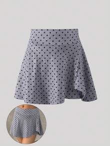 SHEIN Girls Spring/Summer Polka Dot Skirt, Casual All-Match Versatile Sport Fitness Yoga Ballet Dance School Leggings Skirt, Knitted Skirt With Ruffle Hem - Multicolor - View 3
