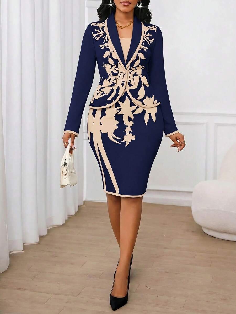 SHEIN Lady 女款辦公通勤外出套裝 夏日海軍藍花卉商務休閒優雅工作晚餐服 教師節穿搭 - 藏蓝色 - 查看 1