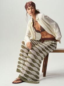 Bohemela Vintage Hollow Out Solid Color Water Ripple Knit Long Pants - Olive Green - View 7