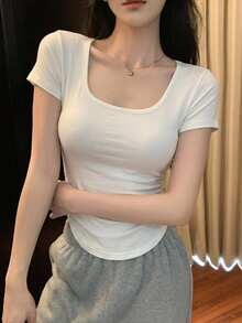 DAZY 女款圓領休閒純色修身T恤 - 白色 - 查看 4