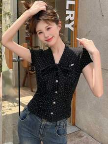DAZY 女童韓式波點圓領短袖T恤，春夏款 - 黑色 - 查看 5