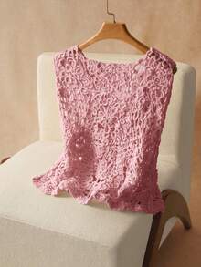 Elaquor Plus Size Vacation Casual Solid Color Hollow Knit Vest - Pink - View 2
