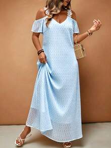 Breezaya Plus Size Spring/Summer Casual Vacation Elegant Commute Lace Trim Solid Color French A-Line Dress - Blue - View 1