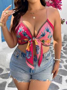 SHEIN VCAY Plus Size Women's Floral Print Pleated Casual Sexy Vacation Travel Camisole Top Beach Beach Vacation Pink Summer - Pink - View 6