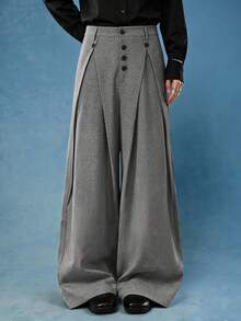 PAVTROS Men's Gray Button Decor Pleated Fashion Versatile Wide Leg Pants - Dark Grey - View 4