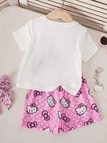 HELLO KITTY AND FRIENDS | SHEIN 女嬰圓領字母卡通印花短袖T恤與短褲休閒日常套裝 - 粉色 - 查看 3