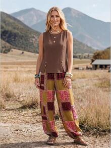 Wildy BOHO Vintage Casual Western Country Print Pattern Women's Autumn Daily Basic Outfit Outing Vacation Holiday Commute Pocket Lantern Pants Pink Floral - Multicolor - View 5