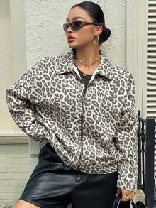Dazy Plus Jaket Denim Lengan Panjang Kasual Longgar Bergaya Jalanan Motif Leopard Ukuran Plus untuk Wanita, Model Blogger Musim Semi/Gugur, Warna Beige untuk Acara Formal Makan Siang. - Grey - View 4