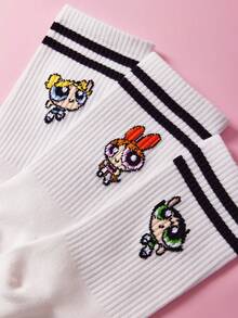 THE POWERPUFF GIRLS X SHEIN 3入組女款中筒條紋襪 - 白色 - 查看 3