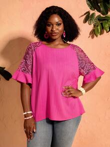BrightlyHer Plus Size Women's Round Neck Lace Casual Versatile Everyday Outing Blouse Fall - Hot Pink - View 6