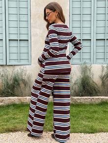 Lyckli Maternity Round Neck Striped Pattern Long Sleeve T-Shirt And Long Pants Casual Soft Form 2 Pieces Set Autumn Dates Vacation Gender Reveal Burgundy - Multicolor - View 10