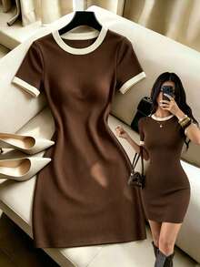 Selianne Gentle Elegant Brown Color Block Round Neck Short Sleeve Knit Bodycon Slimming Ribbed Mini Dress, Simple Versatile Commuter Hot Girl Style Dress - Multicolor - View 1