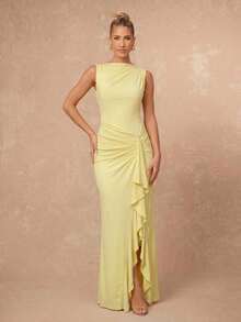 Lumalex Lemon Yellow Sleeveless Knit Maxi Dress With Draped Boat Neck Side Ruched Waist Cascading Ruffle Front Slit And Back Seam, Spring Summer Luxury Dress - Light Yellow - View 5