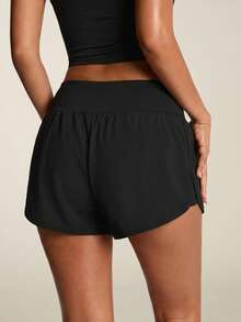 SHEIN BAE Wideband Waist Dolphin Hem Sports Shorts Stretchy Shorts Sweater Shorts - Black - View 2