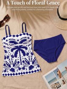 SHEIN Swim 女款高彈力綠色花卉印花比基尼兩件套，清新綠色定位印花抹胸背心上衣，純色三角基本款泳褲，春夏度假海灘派對優雅比基尼套裝 - 彩色 - 查看 4