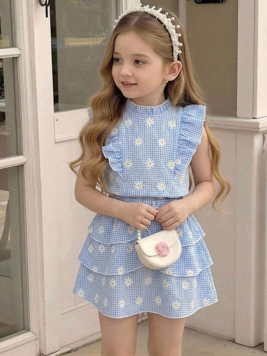 Elladie kids 少女碎花格纹荷叶边上衣和迷你裙休闲日常穿搭