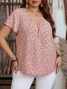 EMERY ROSE Plus Size Women All-Over Floral Print Short Sleeve Casual Shirt,Boho For Women/Summer Vacation Dusty Rose - Pink - View 3