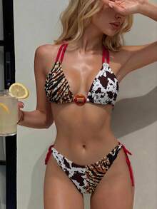 Bonvoyette Women's Tiger & Cow Print Random Pattern Summer Sexy V-Neck Halter Tie Strap Double Shoulder Strap Top & Side Tie Triangle Bikini Set - Multicolor - View 1