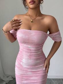 Selianne 女款優雅露肩紮染開衩修身長洋裝，秋季女裝套裝 - 淺粉色 - 查看 5