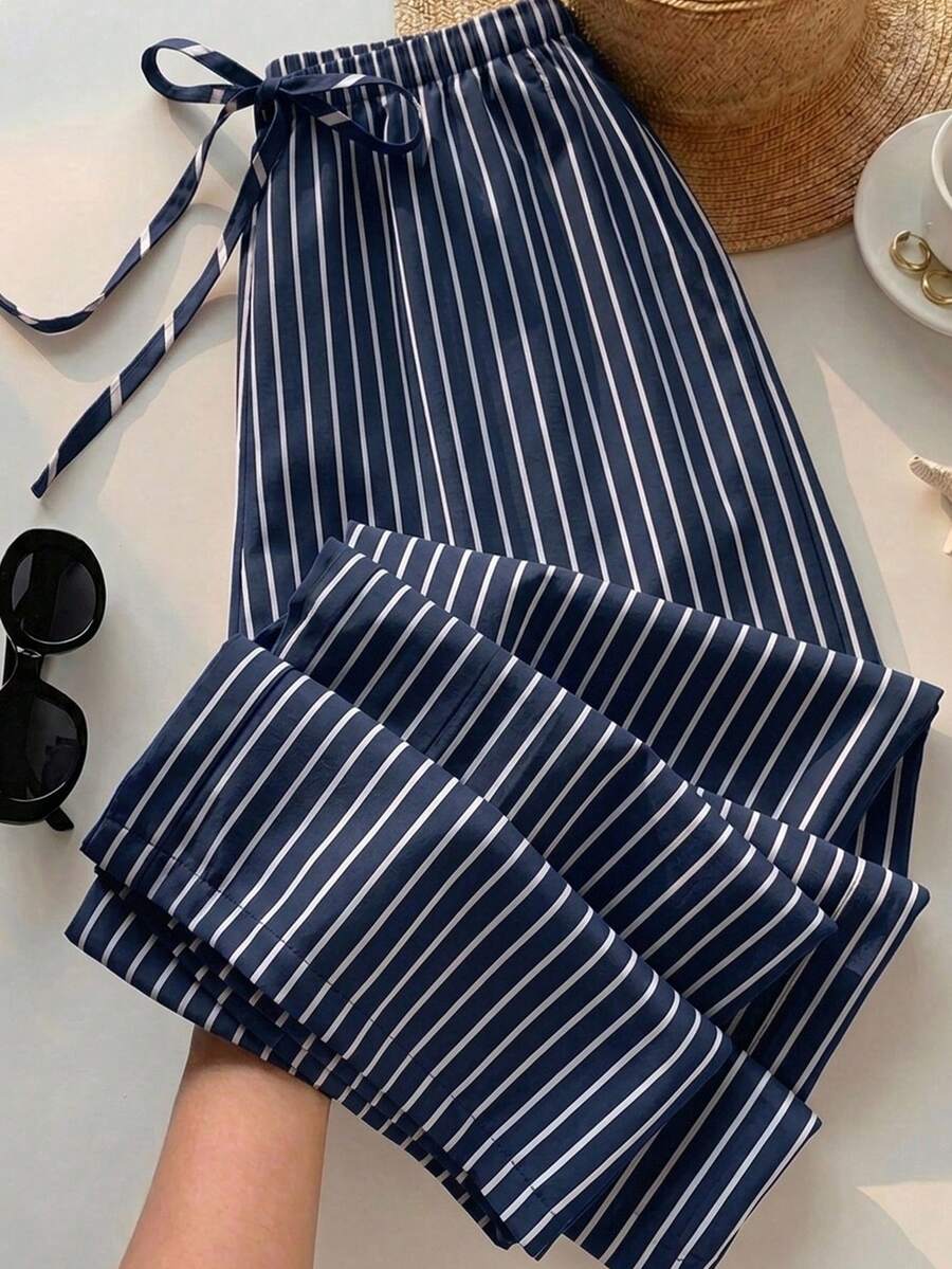 SHEIN EZwear 女款休閒繫腰直筒長褲,適合夏季穿著 - 藍白色 - 查看 1