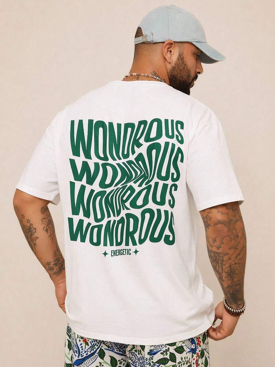 Manfinity RebelGame Plus Size Men's Letter Print Round Neck Short Sleeve Casual T-Shirt - White - View 1