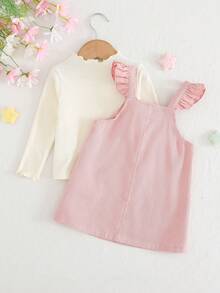 Cozy Pixies Baby Girl Solid Color Knit Soft Round Neck Long Sleeve Pullover Top And Heart Embroidered Pattern Suspender Short Dress 2 Pieces Cute Ruffled Pink Set - Pink - View 2