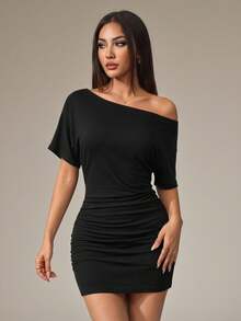 SHEIN PETITE Summer Asymmetric Neckline Dress/Summer Brown Short Dress Suitable For Party/Beach Vacation Dress/Summer Travel/Island Vacation Dress/Birthday Party Women's Dress ,Petite Women - Black - View 6
