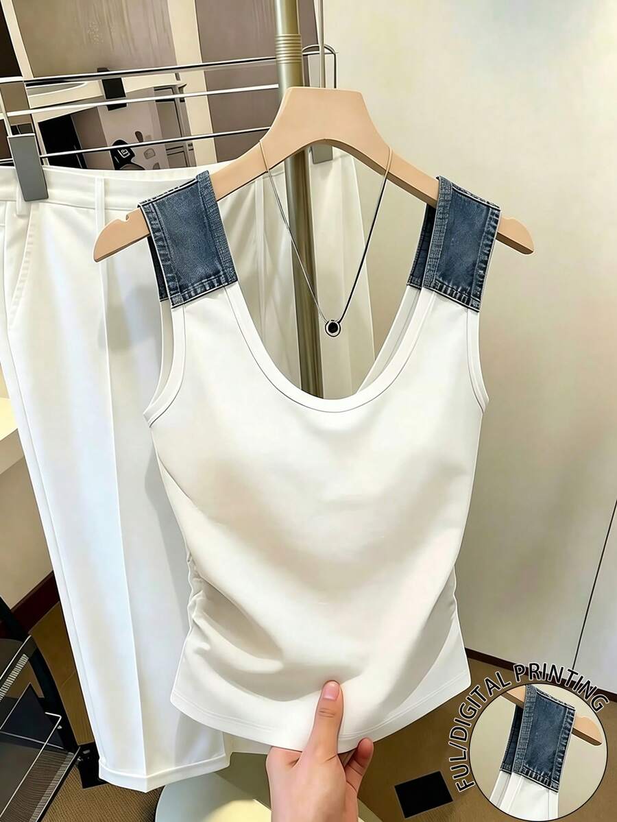 GlowEve 女款拼接牛仔效果印花休閒背心上衣 - 白色 - 查看 1