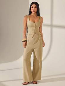 SHEIN PETITE Women's Linen-Blend Two-Piece Set – Buttoned Vest Top Wide-Leg Pants Solid Color Single-Breasted And Summer Spring Valentine's Day Party Office Beige - Beige - View 1