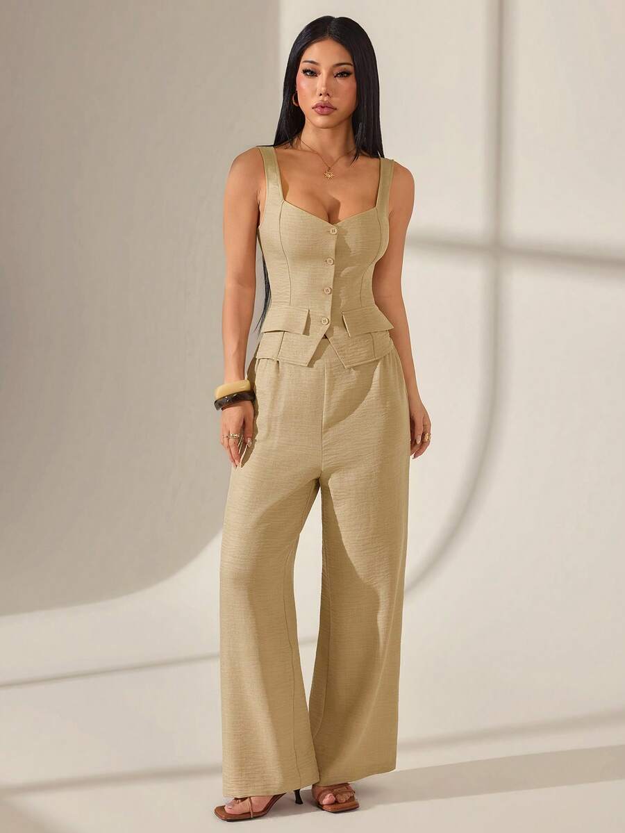 SHEIN PETITE Women's Linen-Blend Two-Piece Set – Buttoned Vest Top Wide-Leg Pants Solid Color Single-Breasted And Summer Spring Valentine's Day Party Office Beige - Beige - View 1